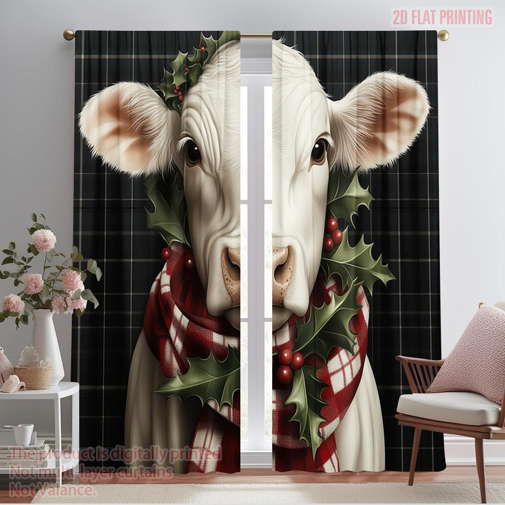 

2pcs,2D plane printing Pattern Curtains Christmas Cow Holly Scarf (4) Durable Polyester (without rod) Holiday Perfect for Living 52.50×116.00 CM 2pcs