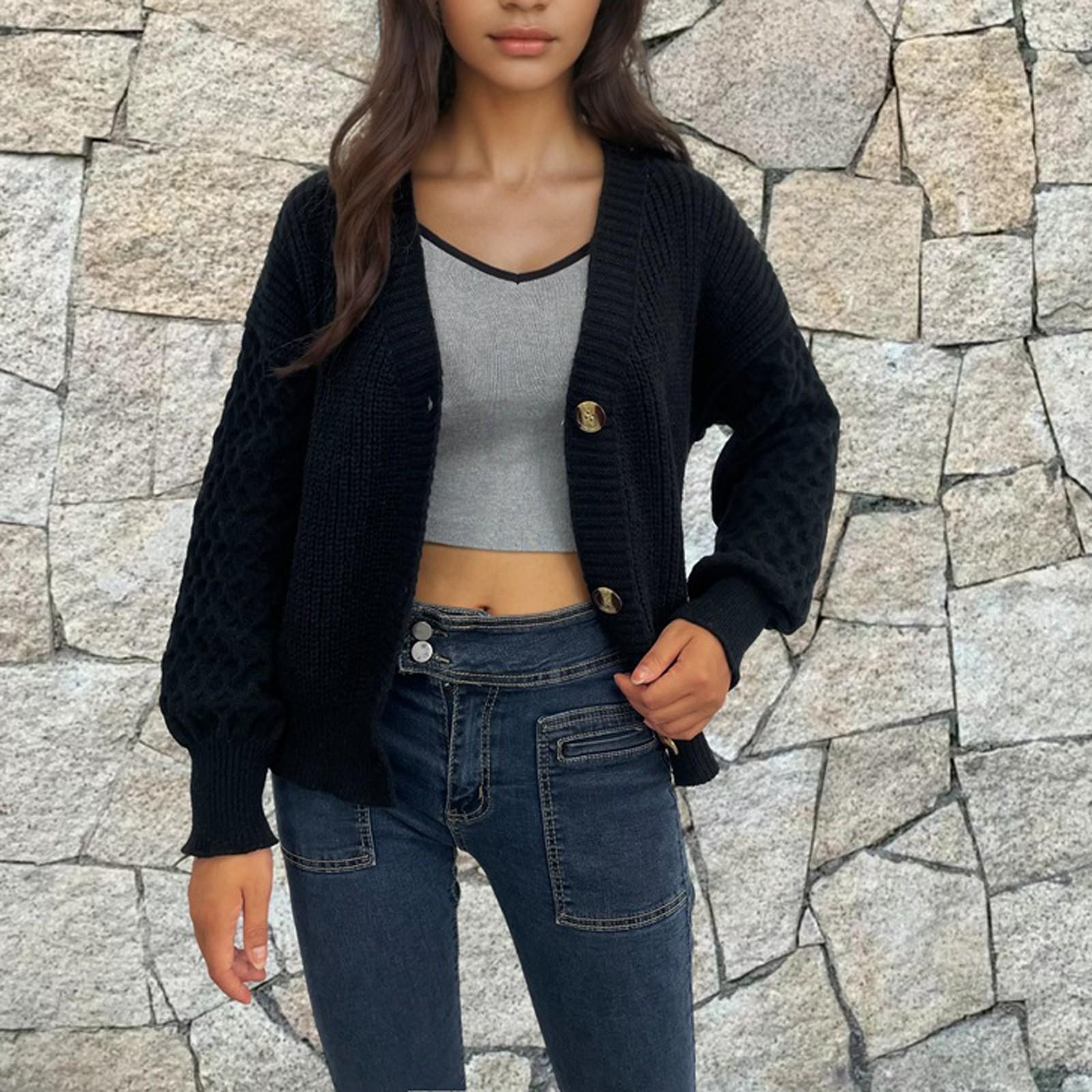 

Женская мода V-образный вырез однобортный свитер пальто однотонный кардиган с рукавами M чёрный