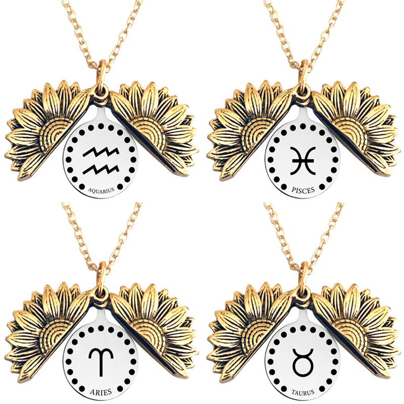 Twelve Constellations Sunflower Titanium Steel Pendant Necklace - European & American Holiday Gift