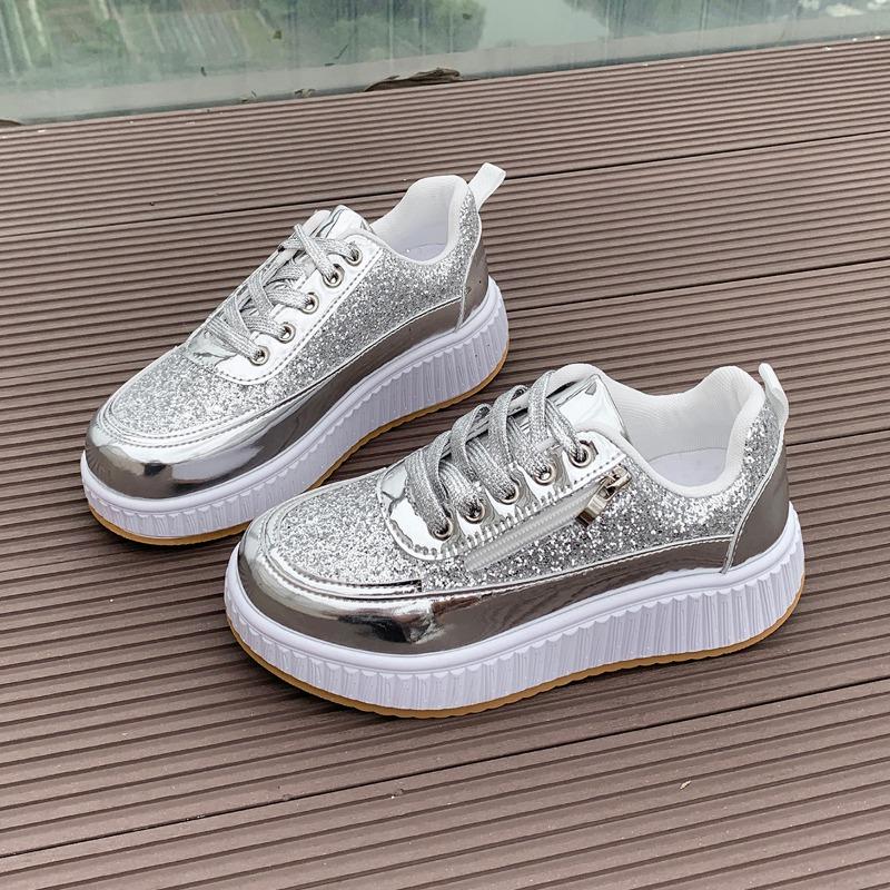 

Fashion Women s Casual Sports Shoes Autumn New Round Head Front Strap Thick Sole Anti-slip Wear-resistant Low-top Shoes 43 серебряный
