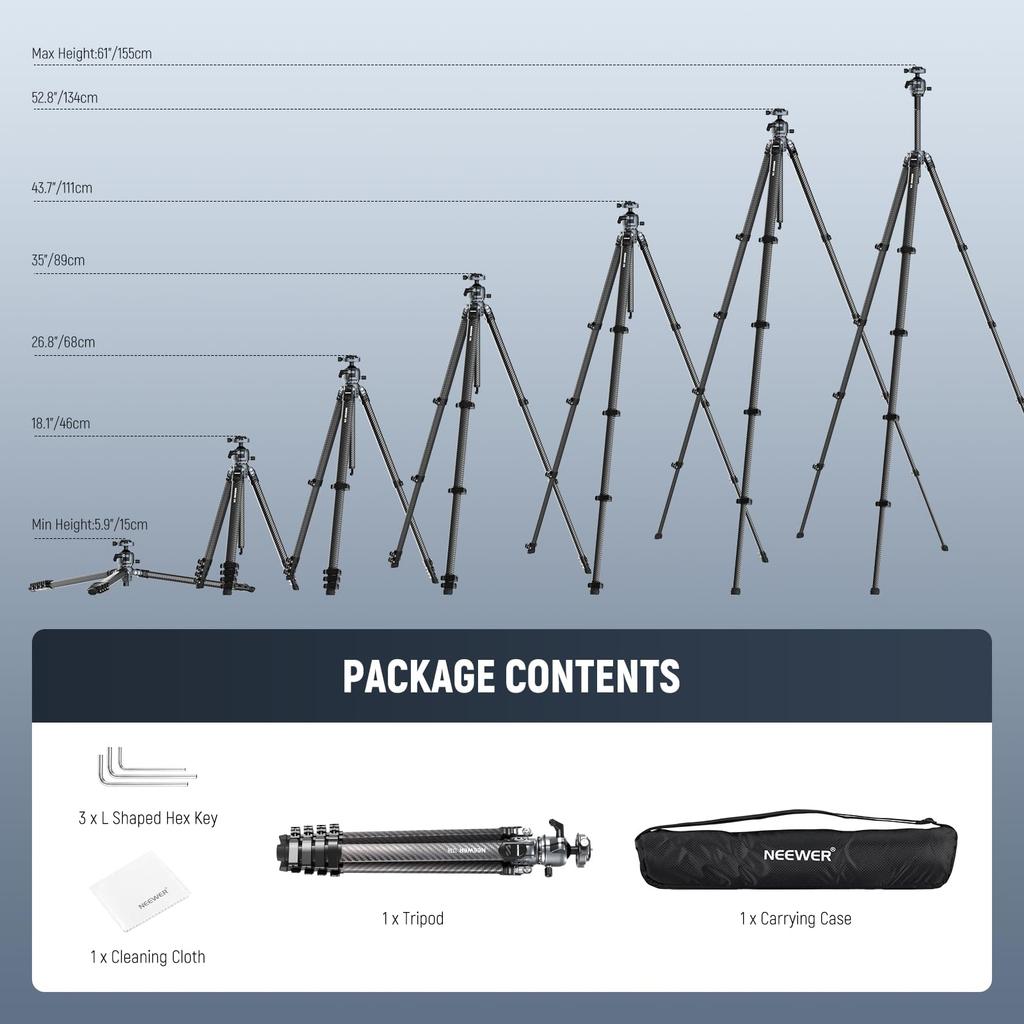 NEEWER LITETRIP 155cm Carbon Fiber Camera Portable and with Ball Center QR and Cleaning Compatible with iPhone 16 Pro iPhone Galaxy S24 and Clip