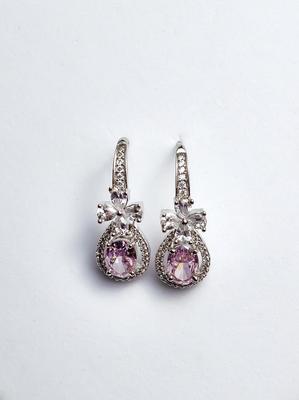 Pink Cubic Zirconia Drop Earrings: White Plated Copper Alloy