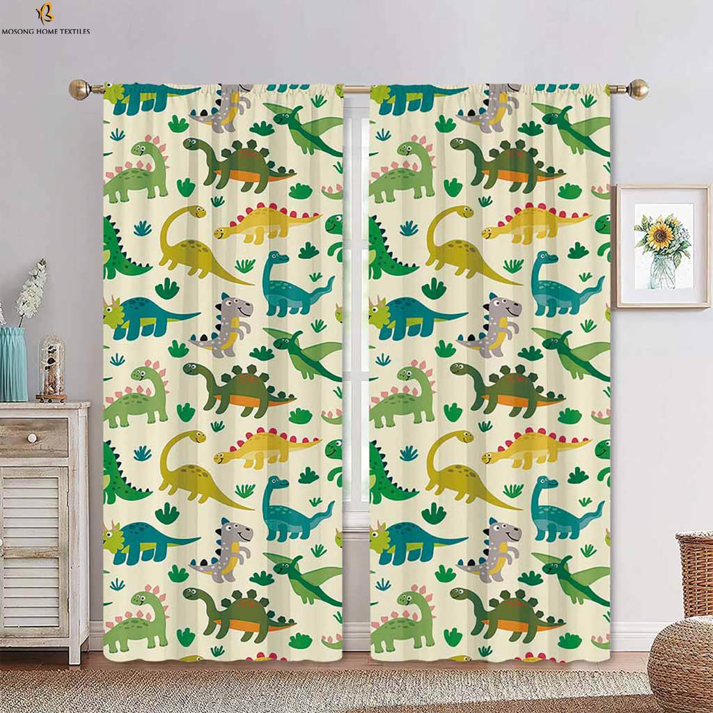 Set Of 2 Cute Cartoon Animal Dinosaur Print Curtains Bedroom Living Room Kitchen Kids Decorative Curtain With Rod Pocket Polyester Perfect For Sitting