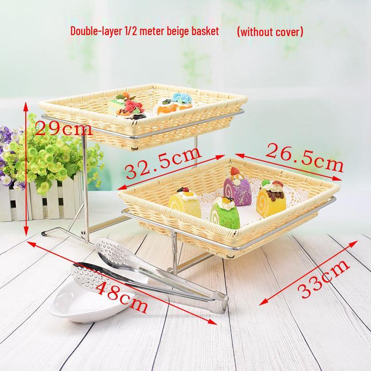 Double-Layer Rattan Bread Basket with Lid - Dessert Display Stand & Pastry Rack for Egg Tarts & Fruits