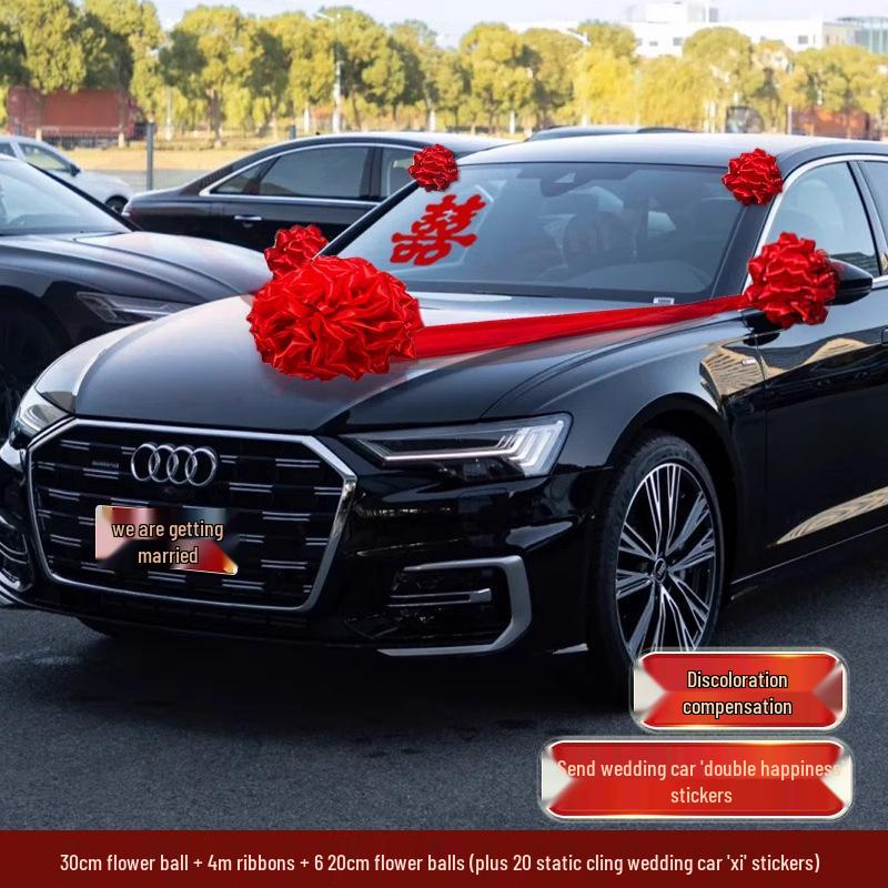 Complete Wedding Car Decoration Set: Escort Car Hood Flowers, Welcome Garland, Double Happiness Arrangement for a Festive Display