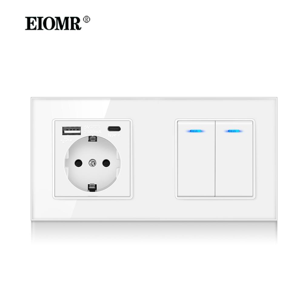 EIOMR EU Standard 16A Tempered Crystal Glass Panel Wall Socket Power Outlet Electrical Plug with Usb 5V 2100mA Ac110-250V White