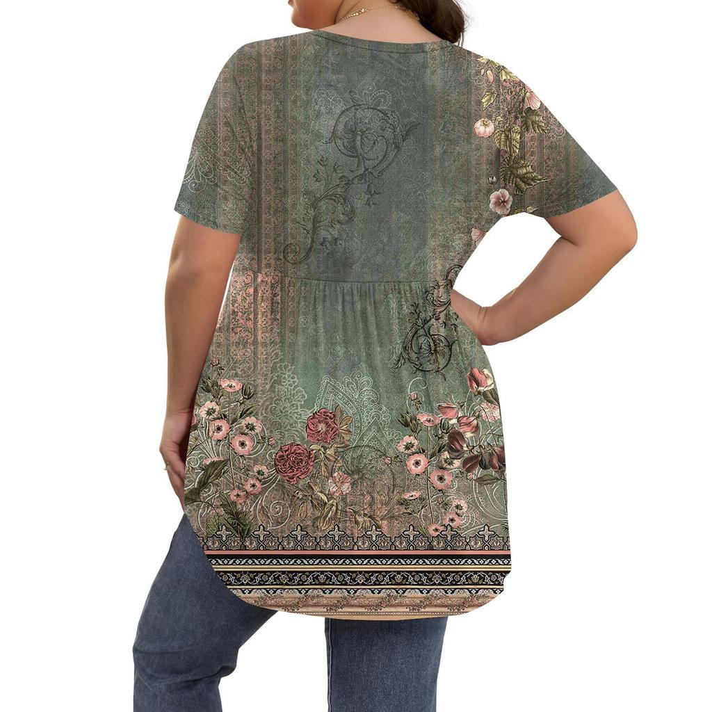 Kadın Baskılı Büyük Beden V Yaka Düğmeli Üst Günlük Kısa Kollu Bol Üst