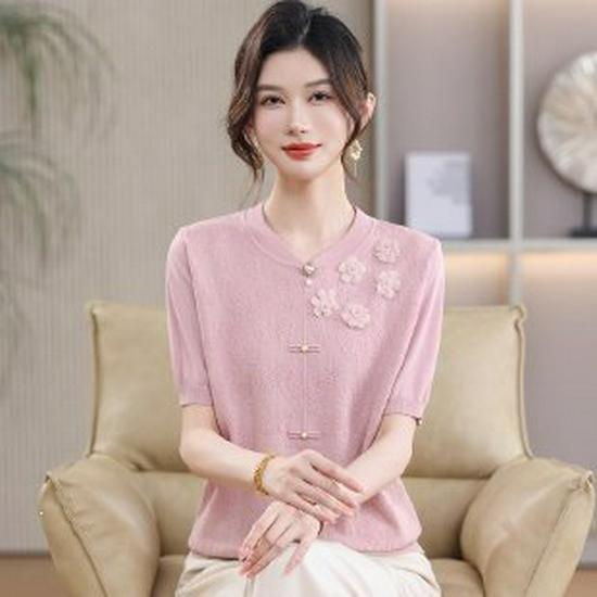 Mom s 2026 Summer Cardigan: Stylish Print Short Sleeve Knit Top for Women 50+ 4XL розовый