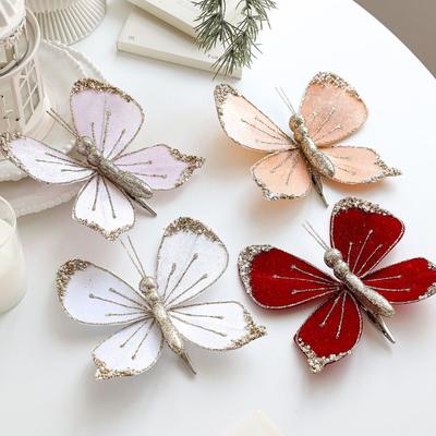Sparkling Christmas Butterfly Pendant Glitter with Clip Xmas Tree Hanging Ornaments Flannel Multicolor Christmas Tree Pendant