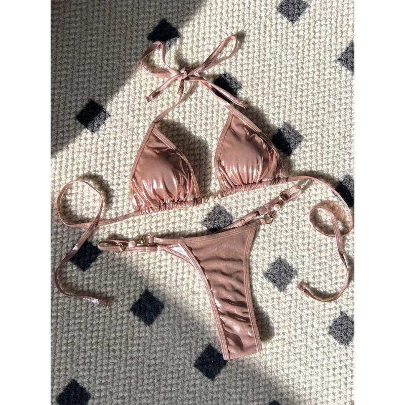 Shiny Pink Micro Bikini 2025 Mujer Women Sexy PU Pearls Push Up Thong Swimsuit Summer Bathing Suit Bandage Holiday Swimwear