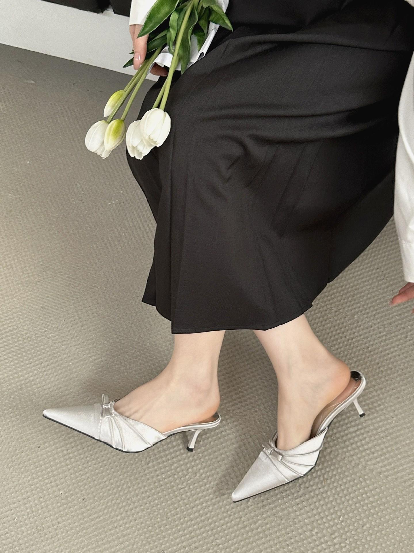 Women S Shoes Spring Pointed Toe Thin Heel High Heel Elegant French Style Bow Fashion Sexybeautiful Closed Toe Mules 35