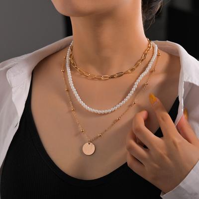 Exaggerated Personality, Paperclip Chain, Pearl Neck Chain, Geometric Disc Pendant, Multi-layer Metal Necklace.
