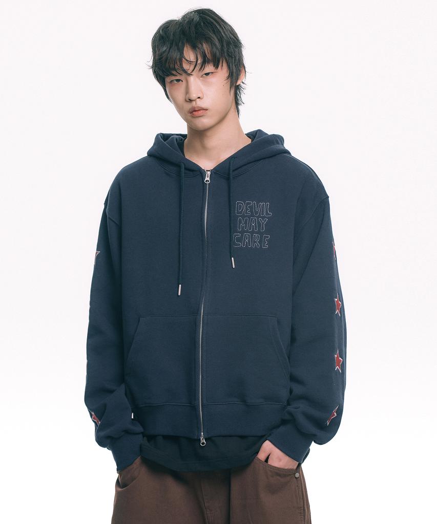 Moo Star Applique Zip-Up Hoodie - Navy