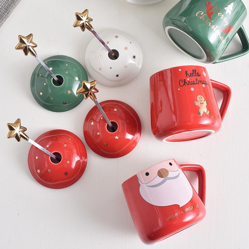 Creative Christmas Gift Mug Ceramic Cup Nordic Couple Water Cup Coffee Cup with Lid Spoon Breakfast Cup