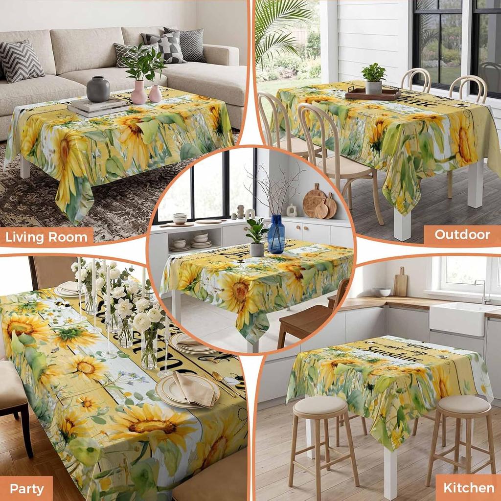 Summer Sunflower Leaves Bee Rectangle Tablecloth for Table Decor Rustic Plants Yellow Wood Grain Dining Table Cloth Party Decor