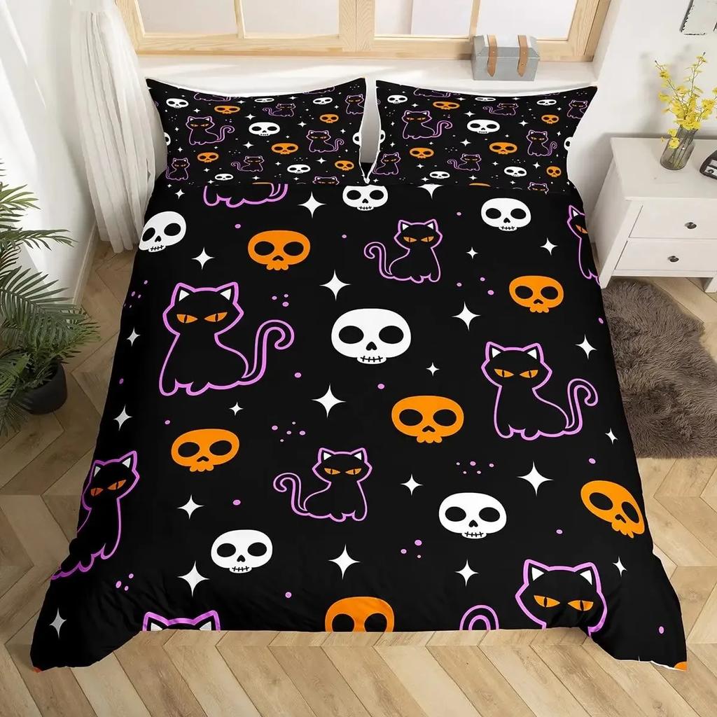 Katzenknochen-Bettwäscheset Full QueenHalloween Gothic Totenkopf Bettwäscheset SchwarzWeiß Galaxie Bettdeckenbezug Steppdeckenbezug