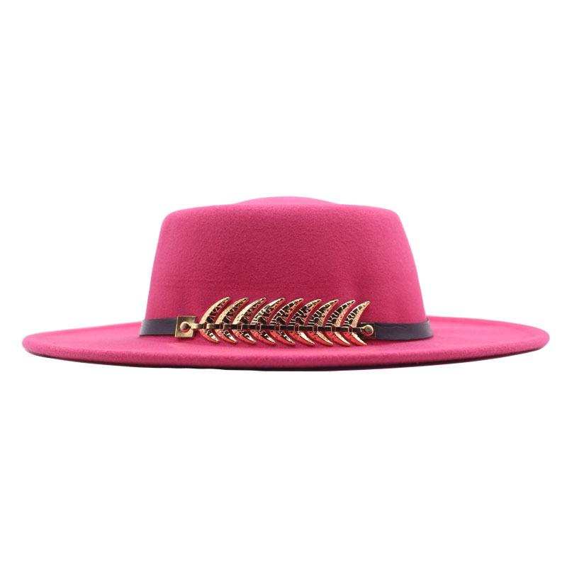Autumn and winter new women's flat top wide brimmed hat imitation wool top hat felt hat fishbone metal buckle concave shape multi-color