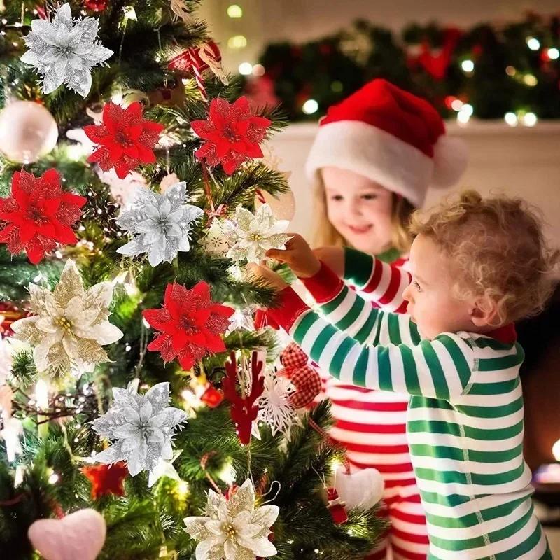 100pcs Glitter Artifical Christmas Flowers Mreey Christmas Tree Decoration Happy New Year Ornaments Xmas Fake Flowers natal