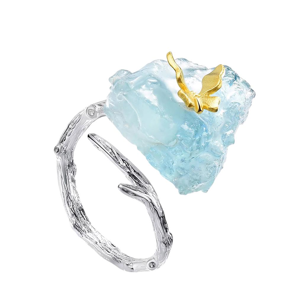 Adjustable Aquamarine Butterfly Ring with Big Gemstones Natural Stone Finger Jewelry Accessory for Elegant Women