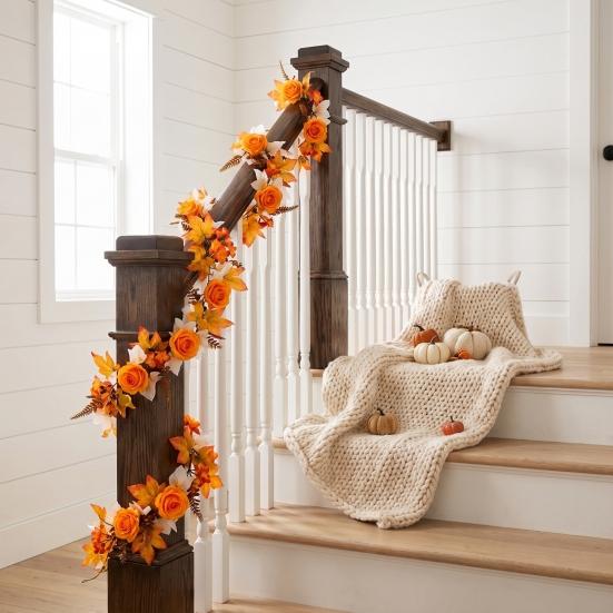 Reusable Holiday Party Supplies 180cm Artificial Vine Hanging Door Wreath with Pumpkins Berries Maple Leaves, Silk Flower Rattan Halloween Garland for