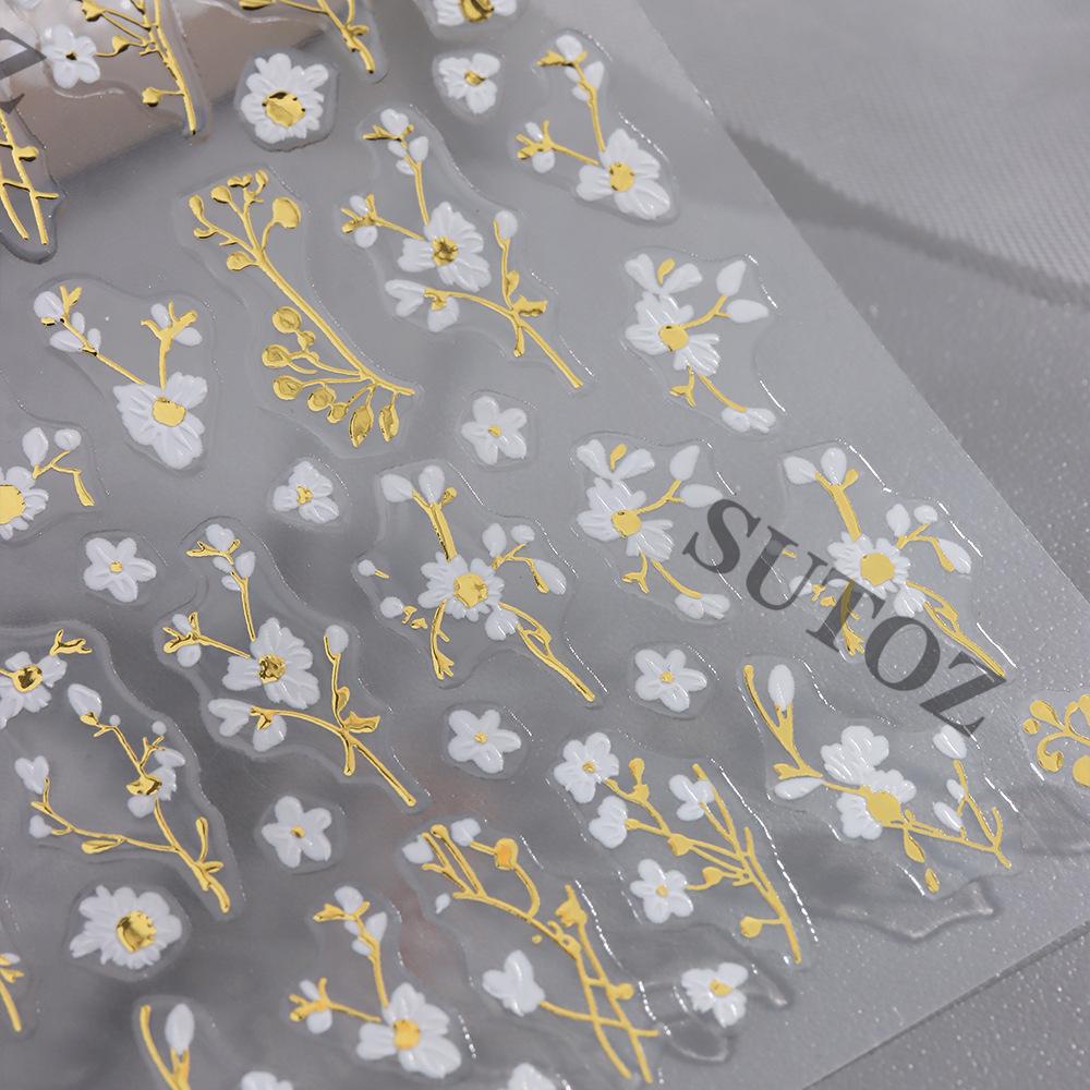 2026 Gold Foil Spring Floral Nail Art Stickers - Small White Flowers & Plant Branches