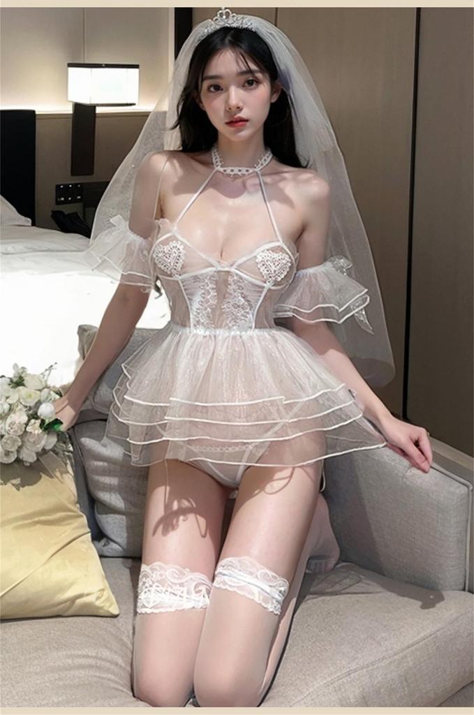 Wedding Sexy Seductive [ssetoy] Dress, Cosplay, Lingerie, Bride, Wedding, Women's Bodysuit, Veil, Stockings, V-Neck, Women's Dress, Costume,