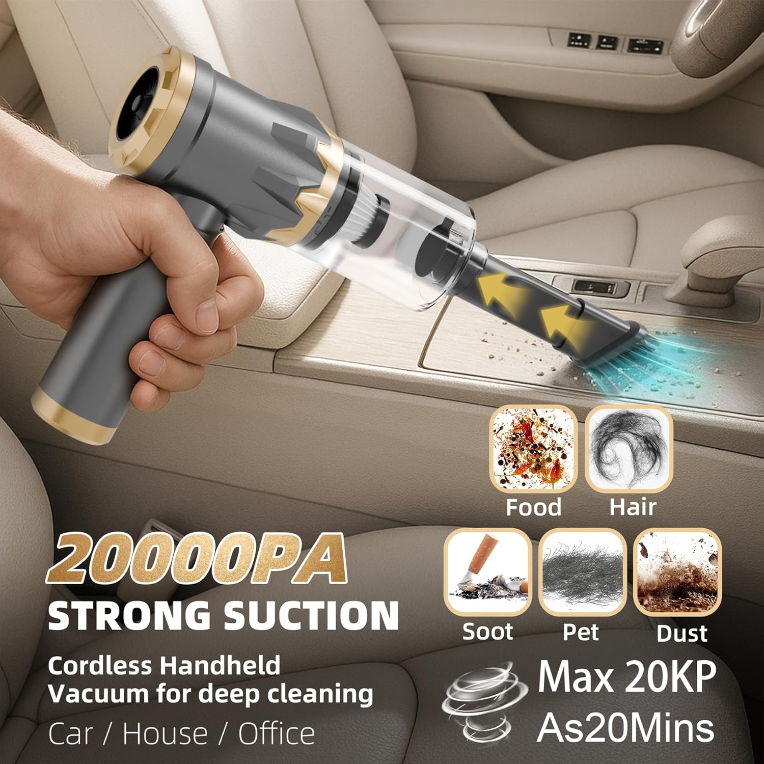 

Portable Cordless Car Vacuum 20000PA, 3-Speed Brushless Motor, 4-in-1 Handheld Vacuum for Car Home Office Camping - Grey United States
