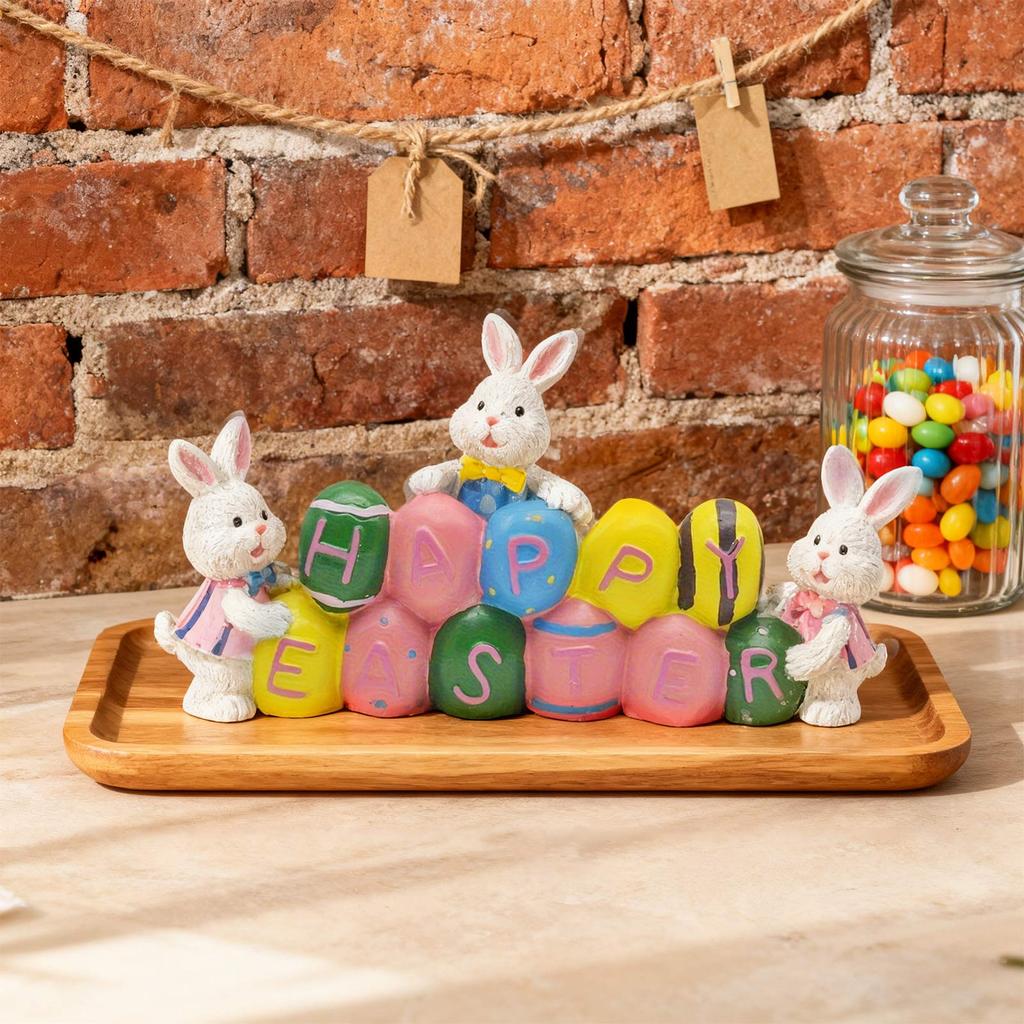 Cute Easter Bunny Holding Eggs, Made Of Resin, A Festive Decoration Suitable For Home, Parties, Or Tabletop Display.