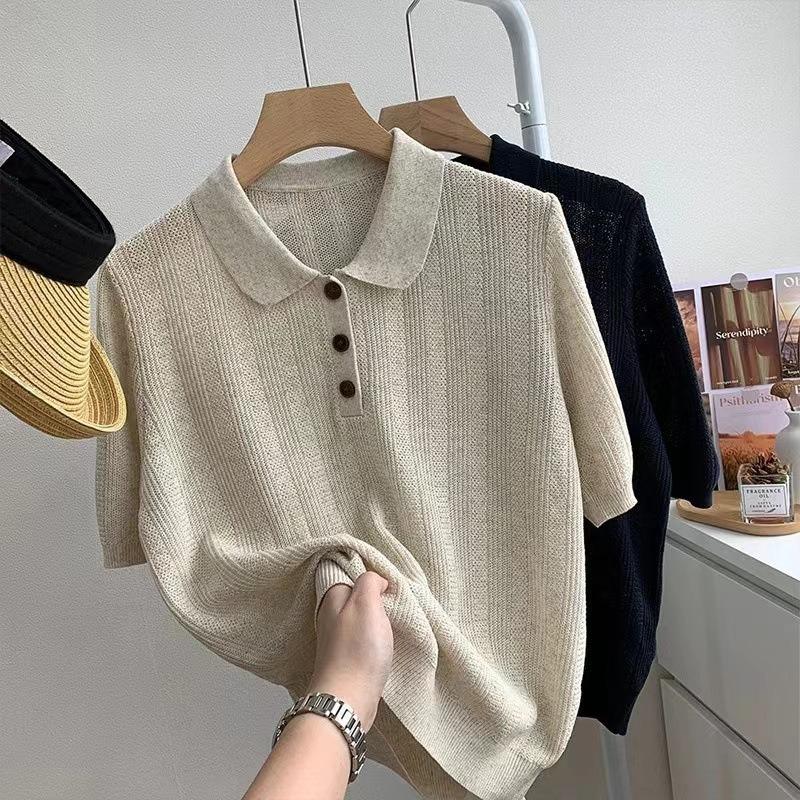Wenyi fan olo shirt knitted short-sleeved women's summer new chic unique texture ice silk top