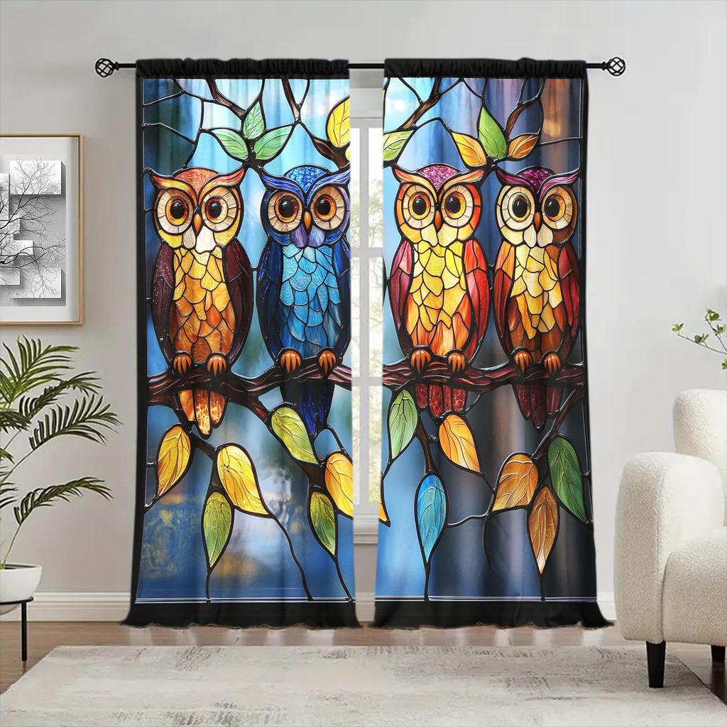 2 Piece Colorful Glass Owl Simulation Window Curtain   Suitable for Gifting To Family and Friends
