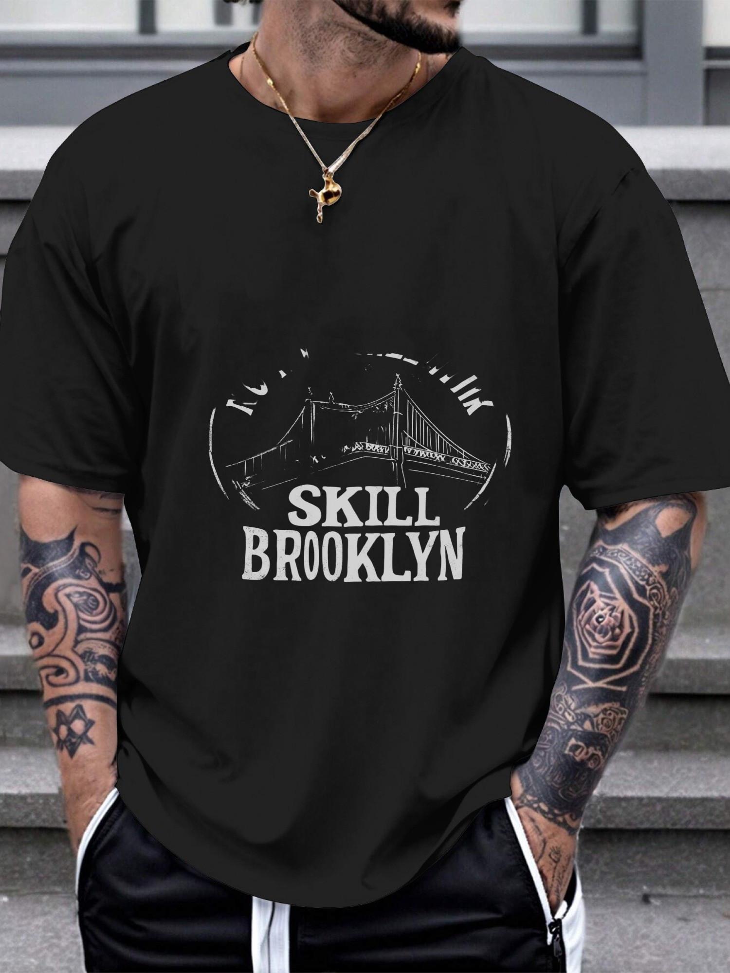 1pc Vintage Brooklyn Bridge Graphic T-shirt - 180g Cotton Crew Neck Short Sleeve Tee with Skill Brooklyn Print L