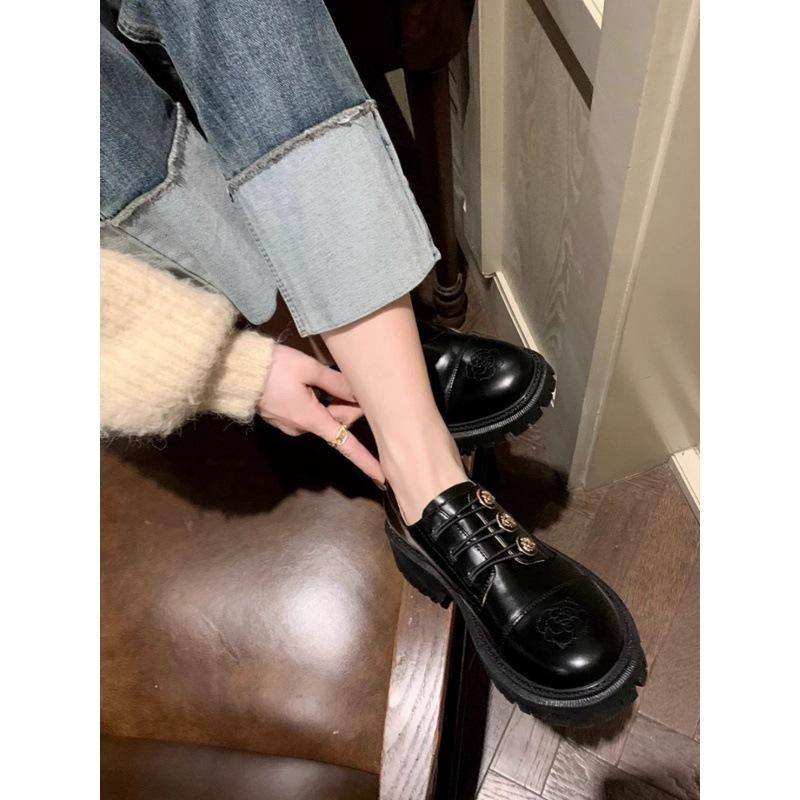 Buy Clothes Retro Thick Heel Loafers Women'S Camellia Small Leather Shoes Spring And Summer Mary Jane Single Shoes