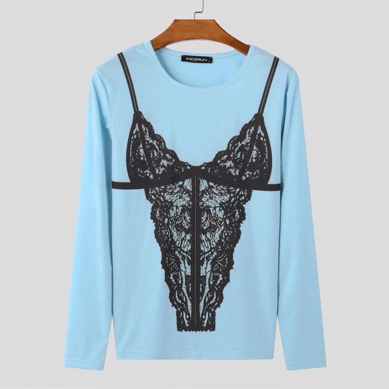 

INCERUN Мужские футболки с круглым вырезом и длинным рукавом с принтом Повседневные футболки Майки M синий