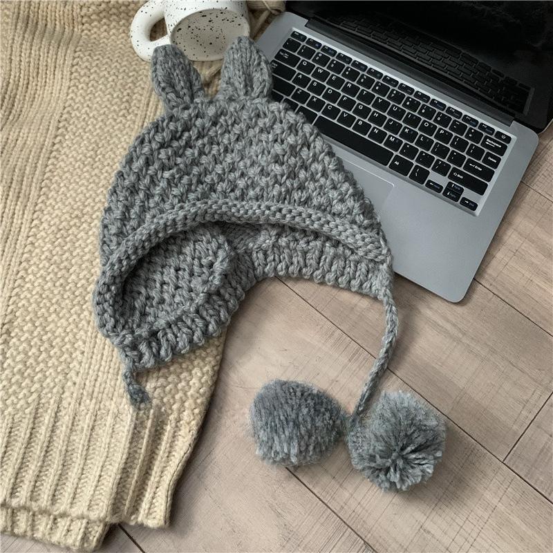 Cute Handmade Rabbit Ear Woolen Hat for Parent Child Autumn and Winter New Style Knitted Ear Protection Warm Lei Feng Hat