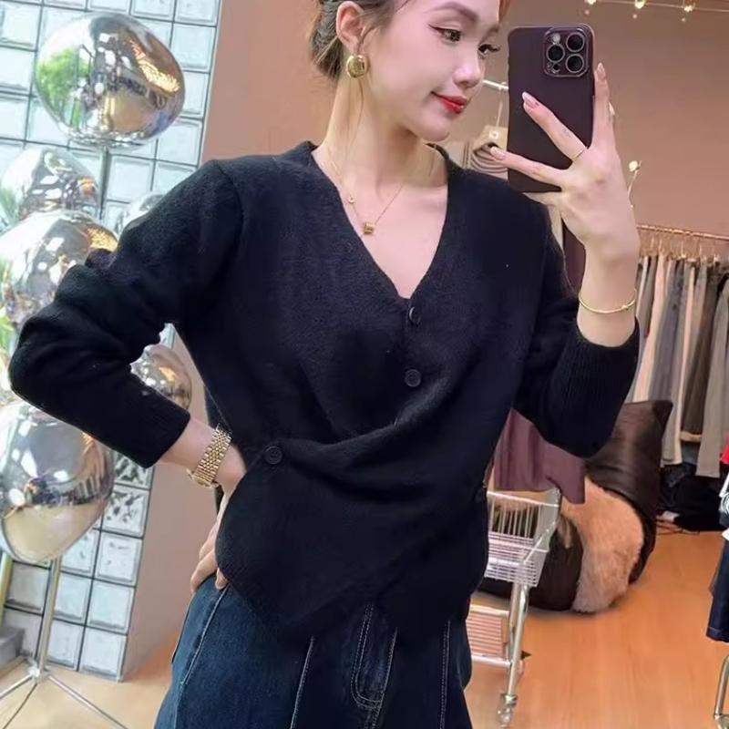 Elegant, neregulat, cu nasturi încrucișați, cu decolteu în V, de toamnă, cardigan pentru femei, mânecă lungă, pentru femei, tricotate, iarnă, solid, slim fit, casual, cardigan 25308