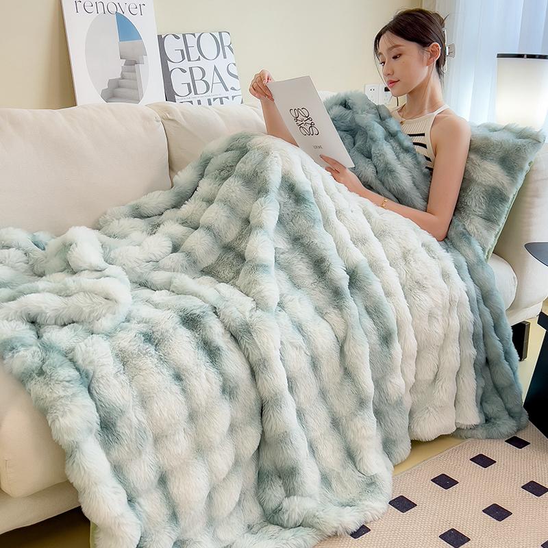 Luxury Super Soft Faux Rabbit Fur Blanket Fluffy Pink White Gradient Throw Blankets for Sofa Bed Winter Warm Thick Plush Blanket