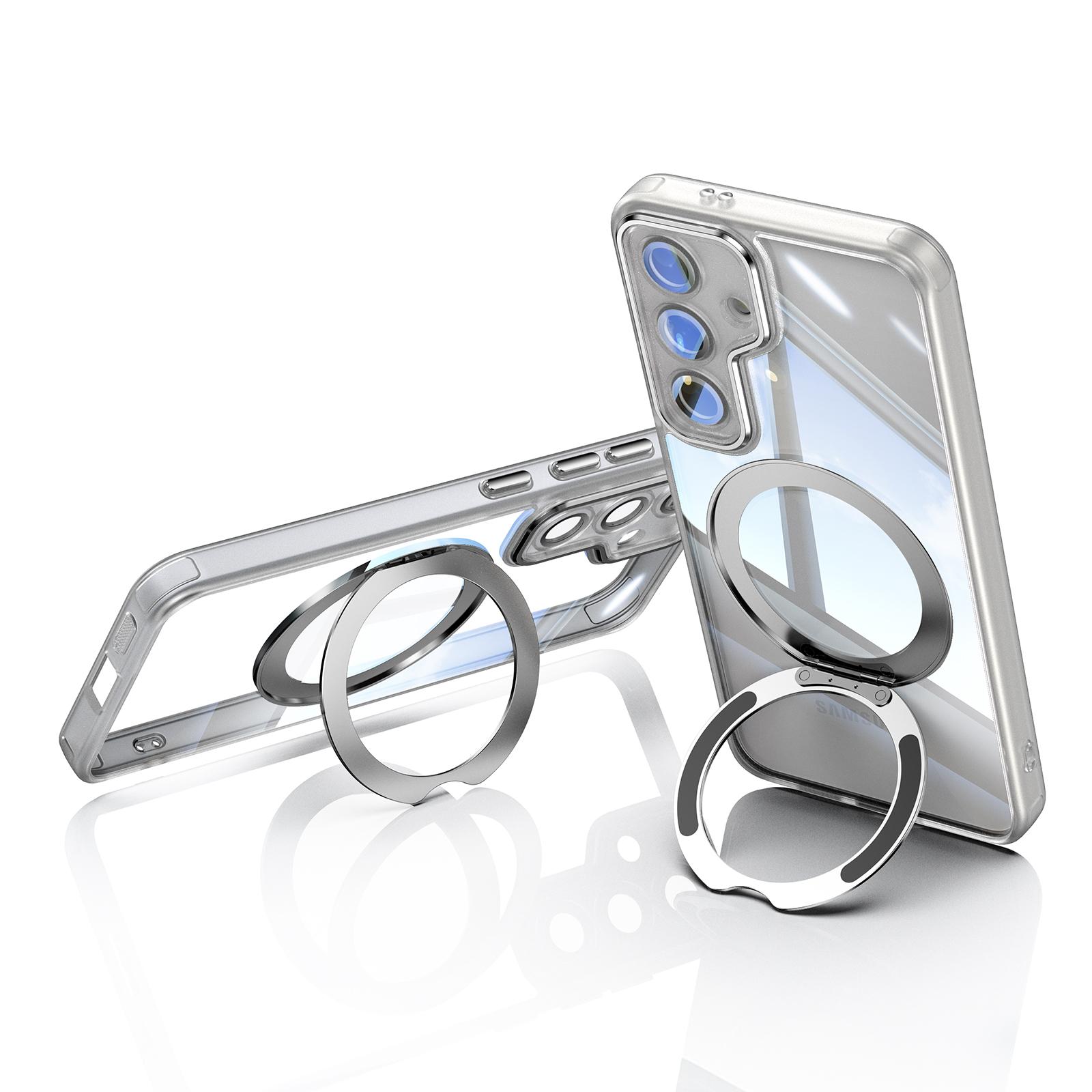 

For Samsung Galaxy S24+ Case Rotatable Magnetic Kickstand TPU+PC Phone Cover with Lens Film Transparent White