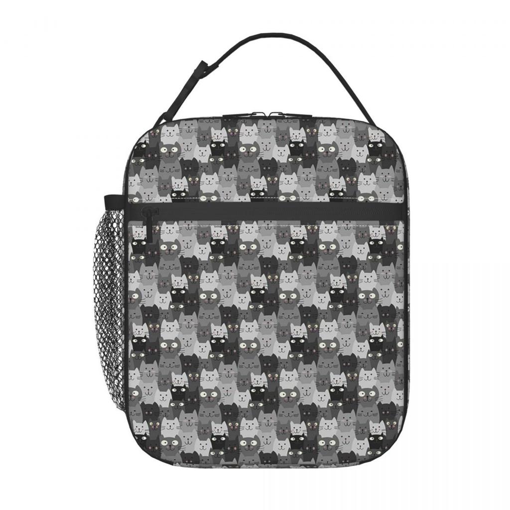 Cartoon Graues Kätzchen Muster Isolierte Lunchtasche für Damen Kinder Tragbare Lebensmittelboxen Thermische Lunchbox Tragetasche
