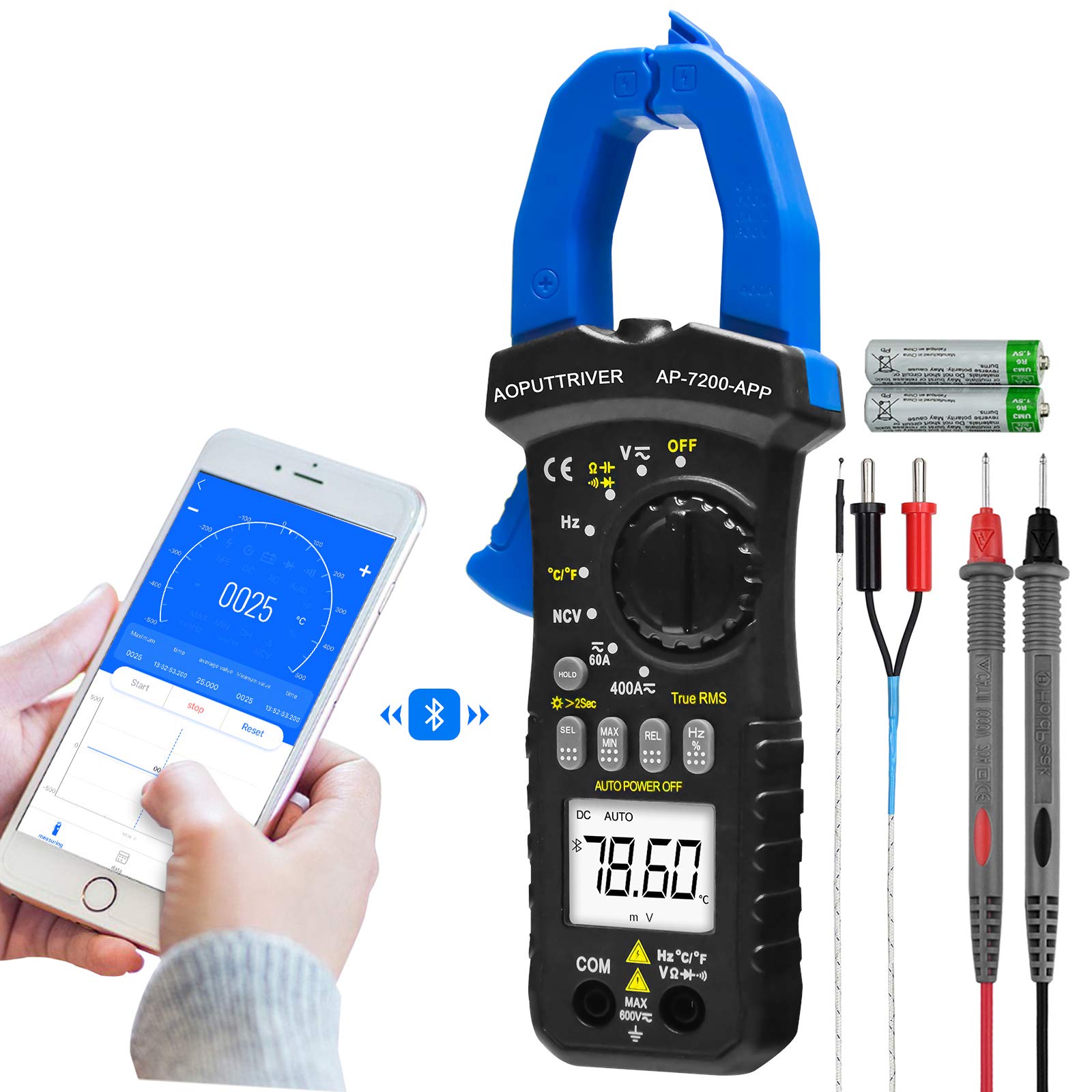 

Digital Clamp Meter with APP 6000 Relative Value NCV and Japanese Manual AP-7200APP Bluetooth, Connection, Counts, AC/DC Voltage/Current, Measurement,