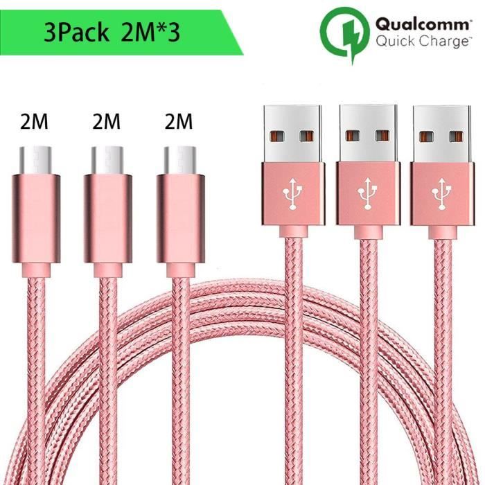 Câble Micro USB - Nylon Rose - Lot de 3 - 2M