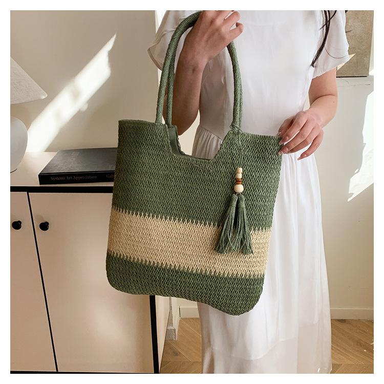 New Multi-color Grass Woven Bag, Women's Handmade Woven Bag, Large Capacity Tassel Tote Bag, Beach Vacation Bag, Women's Bag