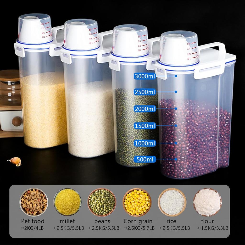 2 Pcs 5.5 LB Rice Storage Container, Airtight Cereal Flour Dispenser with Pouring Spout & Measuring Cup, Kitchen Plastic Clear Dry Food Storage Bin