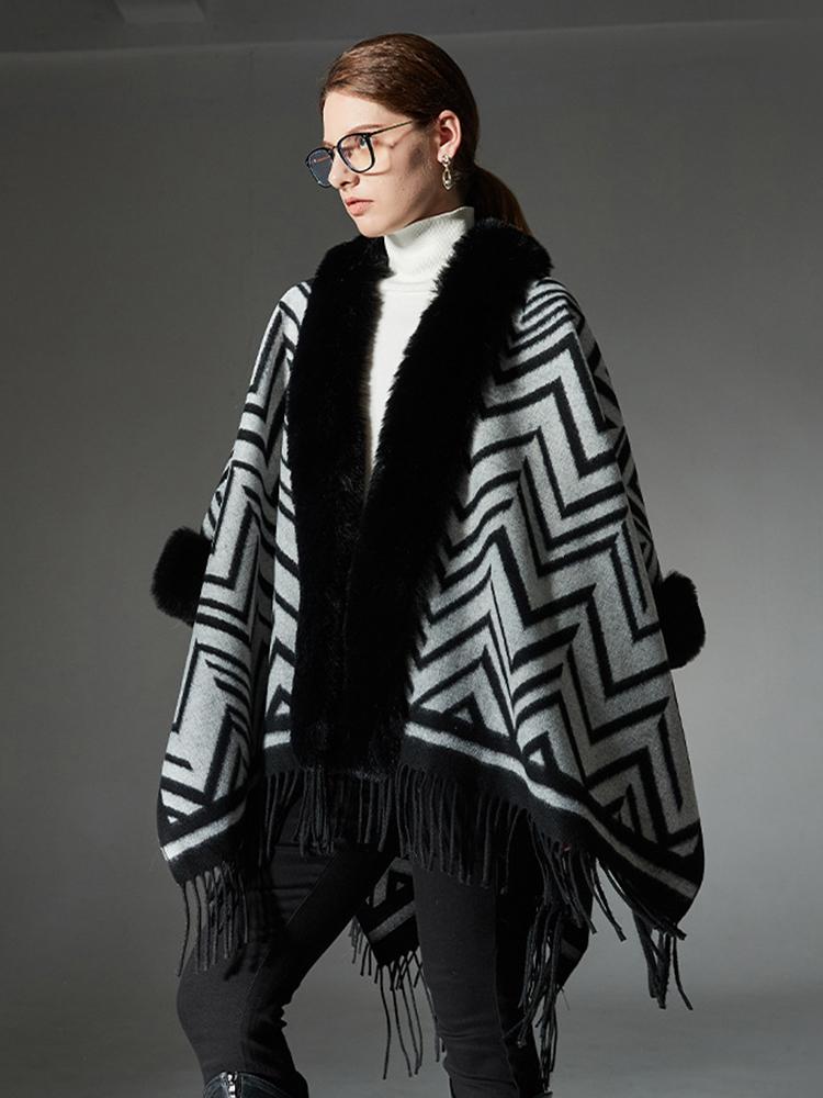 Winter Scarf Women Lady Layers Poncho Elegant Luxury Faux Fur Collar Striped Tassel Shawls Scarve Capa Para Mujer Fashion Coat