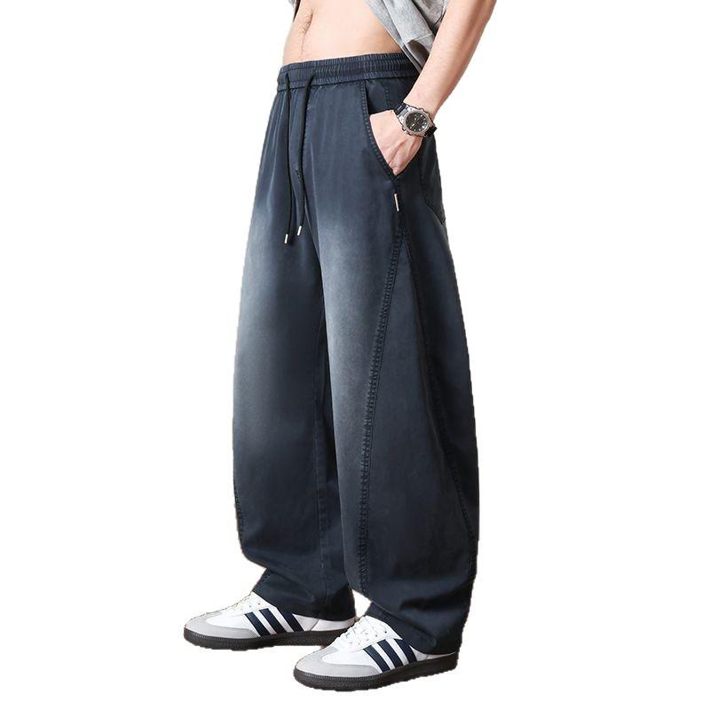 Spring and Summer New European and American Striped Tencel Black and Blue Scimitar Loose Straight Imitation Cow Casual Pants Men's Pants