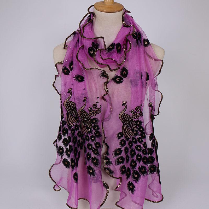 Women Chiffon Neck Scarf Flower Peacock Embroidered Lace Scarf Femmes Silk Long Soft Elegant Shawl New Spring Muffler Scarves