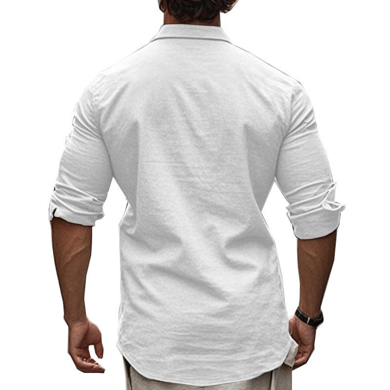 New Casual Solid-Colour Long-Sleeved Shirt Cotton Collared Button-Down Long-Sleeved Beach Shirt Top for Men