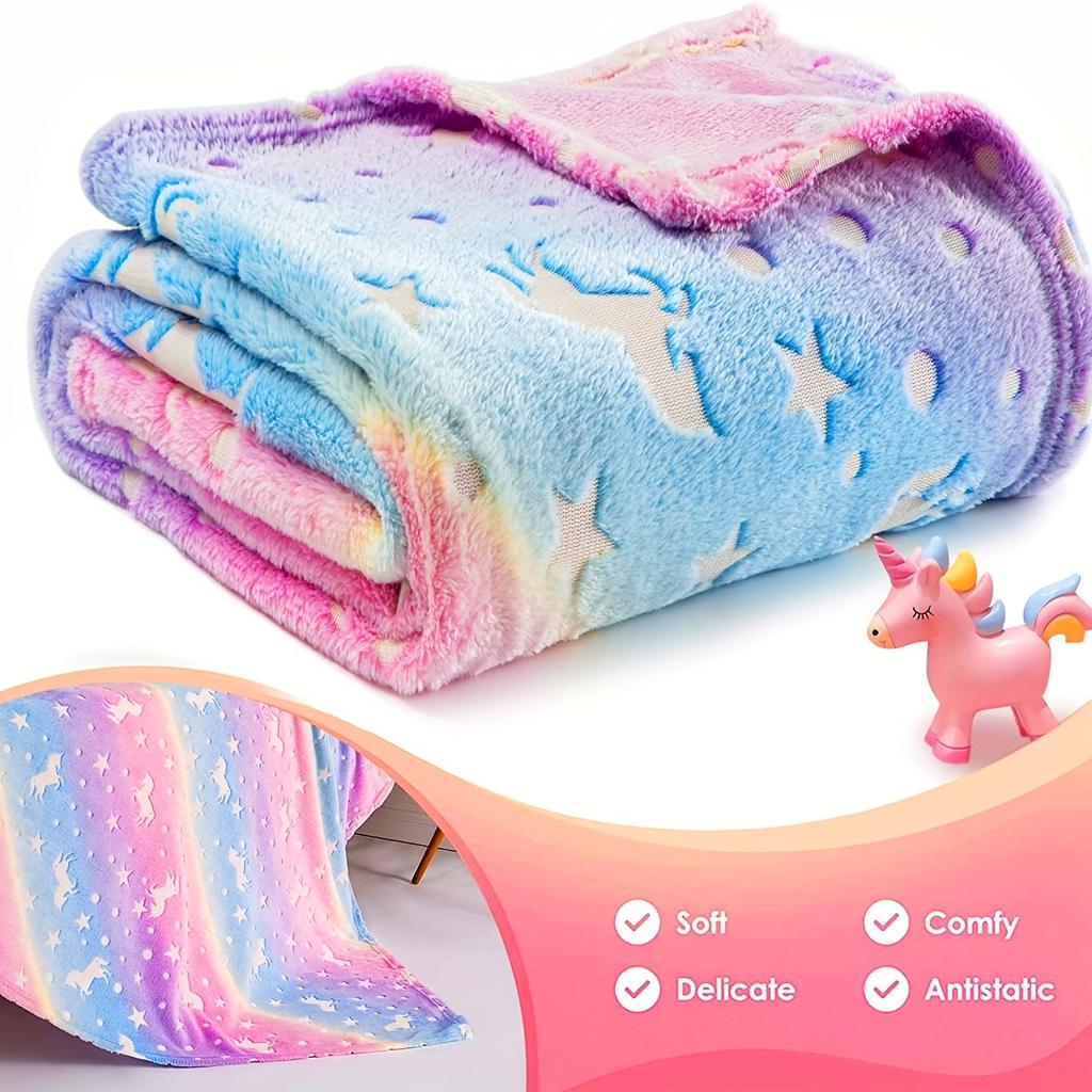 Coperta in Flanella Arcobaleno Unicorno Luminescente Morbida Accogliente Universale per Divano Letto Regalo di Compleanno per Bambini Calda Decorazione per la Casa