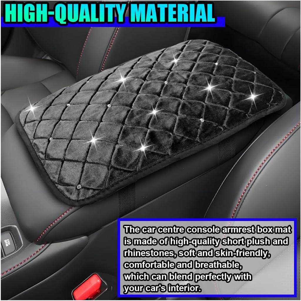Bling Car Center Console Cover, Soft Comfortable Fluffy Car Armrest Cover, Crystal Rhinestone Seat Box Cushion Protector, Automotive Interior