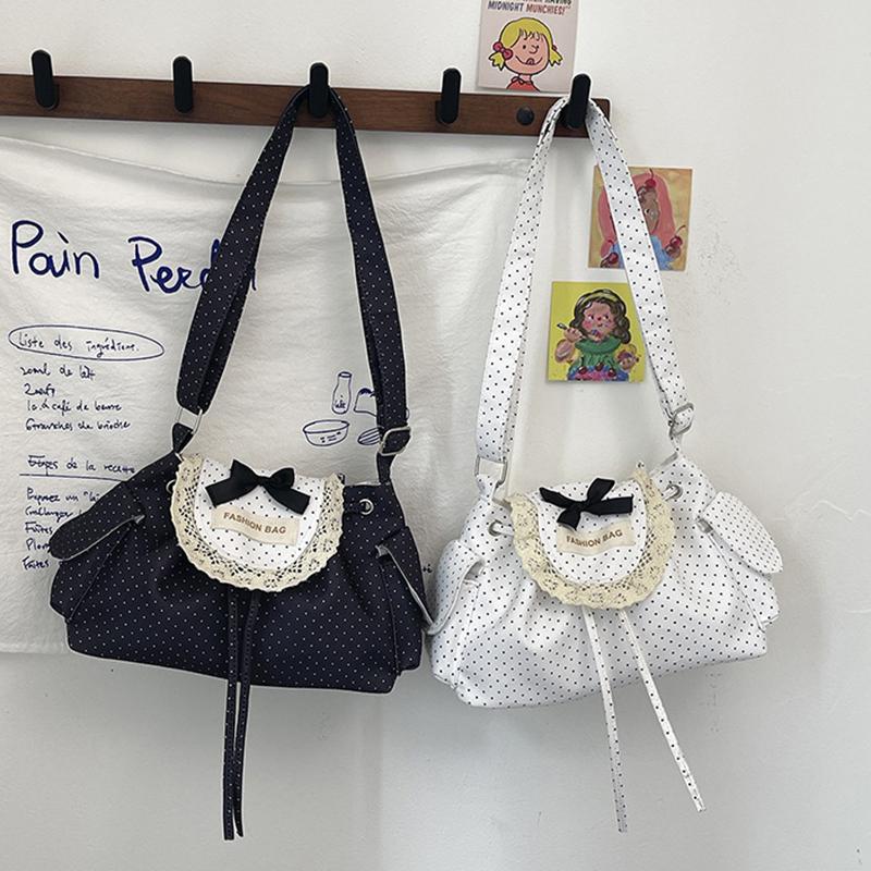 Yogodlns Lace Polka Dot Shoulder Bag Cute Drawstring Flap Crossbody Handbag Sweet Vintage Messenger Purse Daily Casual