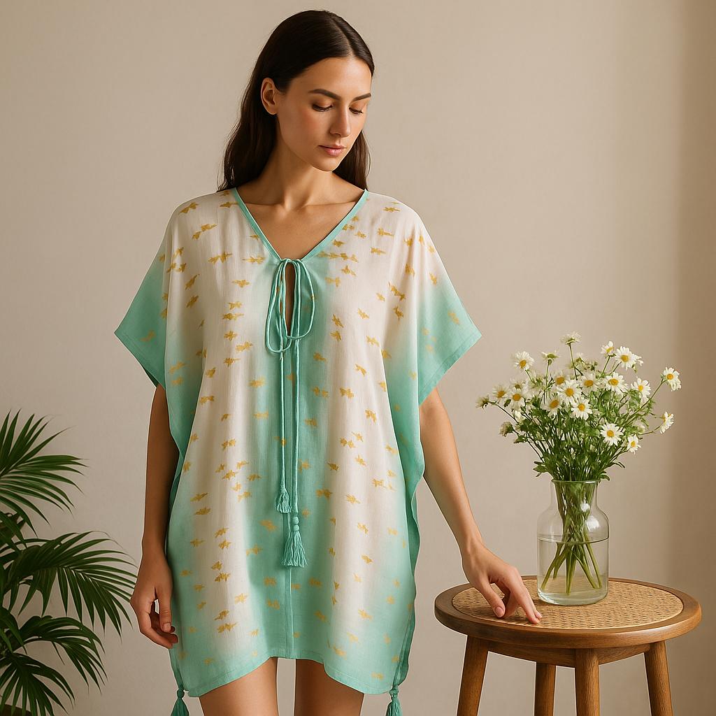 Shamtam Kaftan Wit Turkquoise Goud Vissenprint One Size